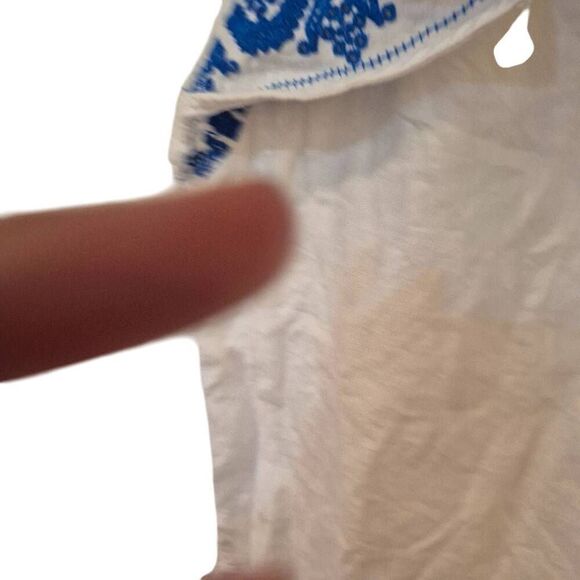 J. Crew Women's White Linen w Blue Embroidery Ruffle Sleeves Top - Picture 9 of 13